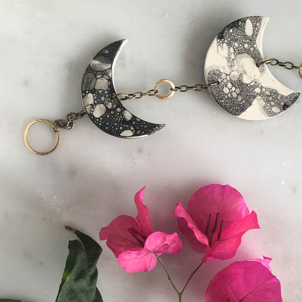 Moon Phase Porcelain Wall Hanging and with Bubble Glaze and Brass Bell ...