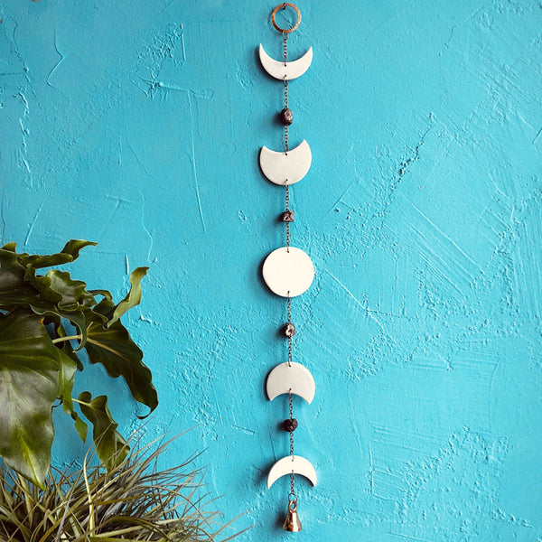 Eclipse Moon Phase Porcelain, Pyrite and Brass Bell Wall Hanging